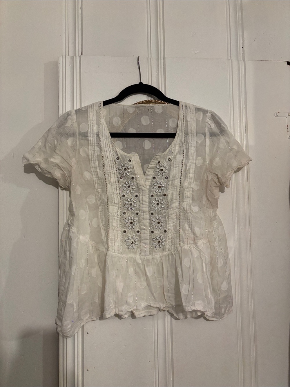 Anthropologie White Sheer Embroidered Peasant Blouse